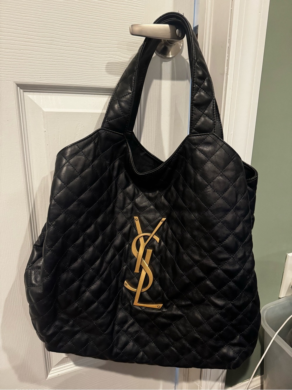 High Fashion Black Quilted Leather Logo Tote. EUC. Read description